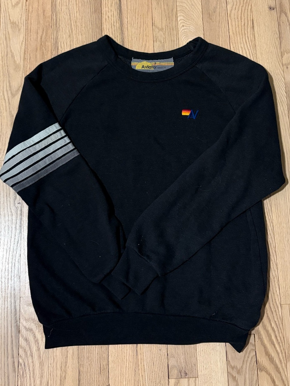 Aviator Nation Black Crewneck Sweatshirt with Stripe Sleeve